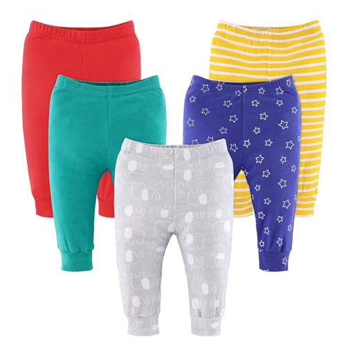 Image of The Peanutshell Baby Pants for Boys and Girls, Newborn to 24 Months, Unisex 5 Pack, Elephant Brights
