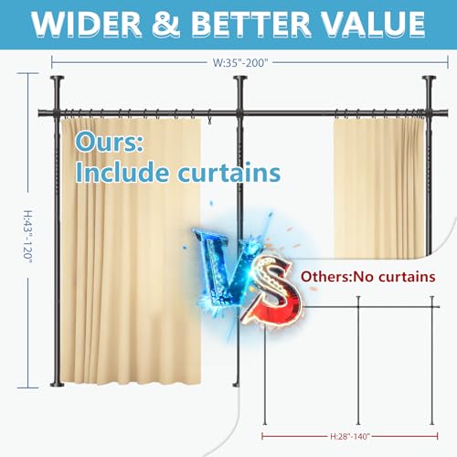 Image of JILRON No-Drill Room Divider Curtains Set: Includes 106 inch W x 84 inch L Beige Curtain 2-Panel & Adjustable Pole Brackets (72-200 inch W x 43-120 inch H Adjustable Range)