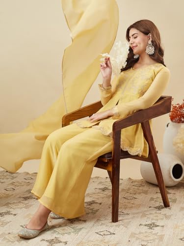 Image of MOKOSH Women's Silk Embroidered Peplum Kurta Sharara with Dupatta | Kurta Set | Ethnic Wear |Round Neck Full Sleeve Kurta | 3 Piece Outfit |Embroidered