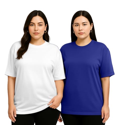 Image of JUNEBERRY 100% Pure Cotton Oversized Baggy Fit Drop Shoulder Solid Core Plus Size T-Shirt Combo for Women (Pack of 2) (Sizes from: 2XL to 5XL)