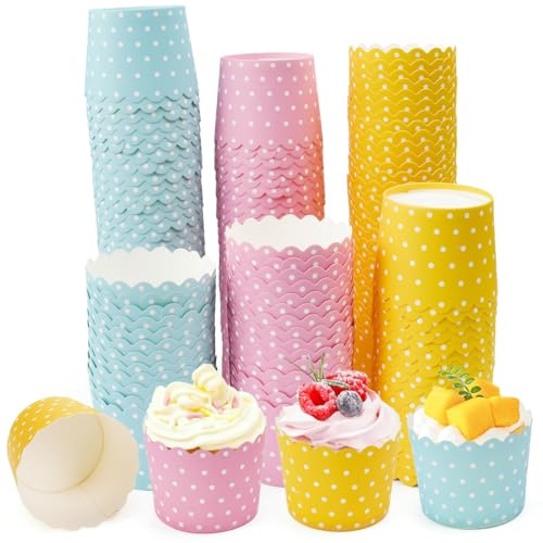 VGECEE Vasos de papel para hornear de tres colores, 150 moldes de papel para magdalenas, moldes de papel para cupcakes, bodas, pequeños moldes para cupcakes, helados, papel para cumpleaños, bodas