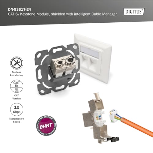 Digitus Modulo Keystone Cat-6A Schermato - 24 Pezzi - Jack RJ45 - 500 Mhz 10Gbase-T - Awg 26-22 - Progettabile - Con Leva Di Bloccaggio - Montaggio Senza Attrezzi - 6