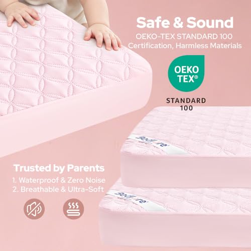 Image of BEDLORE Waterproof Crib Mattress Protector 2-Pack Soft Pink 52 inchx28 inch | Soft and Breathable Crib Mattress Pad Cover Noiseless Machine Washable Protector for Standard Baby Toddler Bed