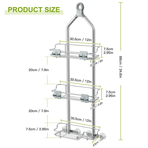 Thideewiz 3 Tier Hanging Shower Caddy Over Shower Head, Silver Rustproof Shower Organizer With Hooks, Anodized Aluminum Rod And Stainless Steel Shelf #TOP1