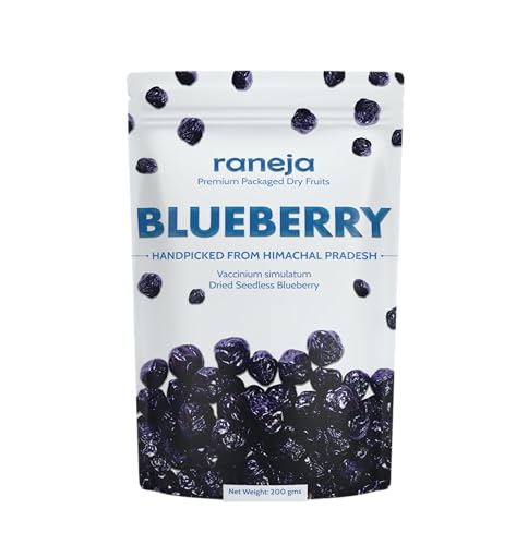 Image of RANEJA 100% Natural Premium Blueberries 200Gm Without added Sugar | Dried Seedless Blueberries | Dry Fruits | Healthy & Tasty Whole & Dried Blueberry | Rich In Calcium And Vitamin K | Non-GMO(200gm)