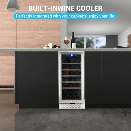 Image of OUTLANE 15 Inch Wine Fridge - 28 Bottles Wine Cooler Refrigerator Built-In or Freestanding, 110V /60HZ, 41-65F Temperature Control, Digital Led Touch, Glass Door, for Bar, Home, Office