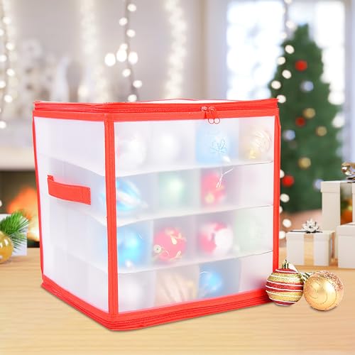 VIVIANYO HD Plastic Christmas Ornament Storage Box with Zippered Closure & Handles, 64 Compartment Christmas Decor Storage Containers Translucent Xmas Balls Cube Organizer