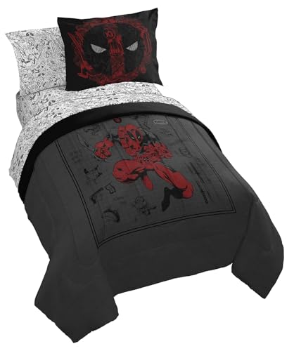 Image of Marvel Deadpool Twin Comforter Set 5 Piece Soft Bedding for Boys, Gray | Bed in a Bag, Comforter Sheets Sham Pillowcase, Official Product, Soft Microfiber, Machine Washable, Boys Gift