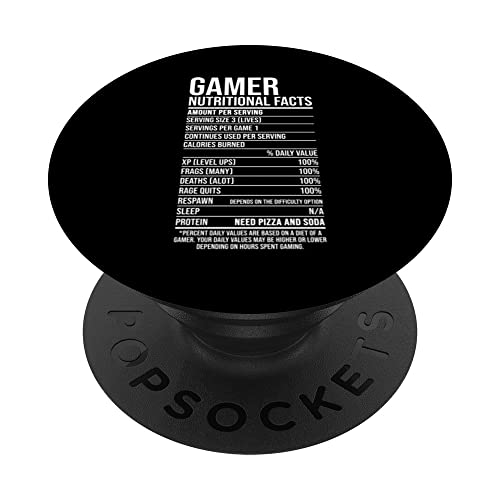 Gamer Nutritional Facts Video Game Player Gaming Nerd Geek PopSockets Swappable PopGrip, Black