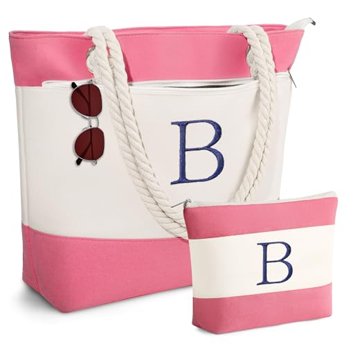 YOOLIFE Canvas Initial Beach Bag Gifts for Women - Monogram