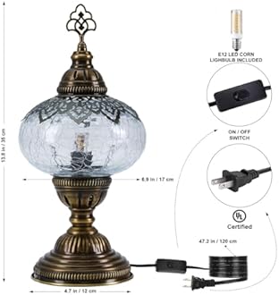 Mozaist Cracked Clear Moroccan Mosaic Table Lamp – Handmade Turkish Glass, Li...