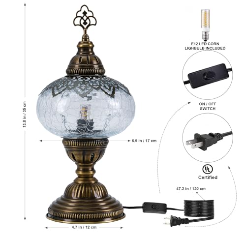 Mozaist Cracked Clear Moroccan Mosaic Table Lamp – Handmade Turkish Glass, Light Bulb Included, Boho Chic Bedside & Living Room Accent