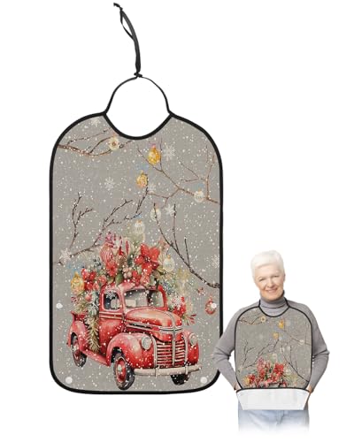 LEOKOTI Grey Truck Christmas Adult Bibs for Eating, Waterproof Bibs with Food Catcher & Snap Closure, Xmas Balls Poinsettia Botanical Rustic Washable Clothing Protectors Adult Bibs for Elderly