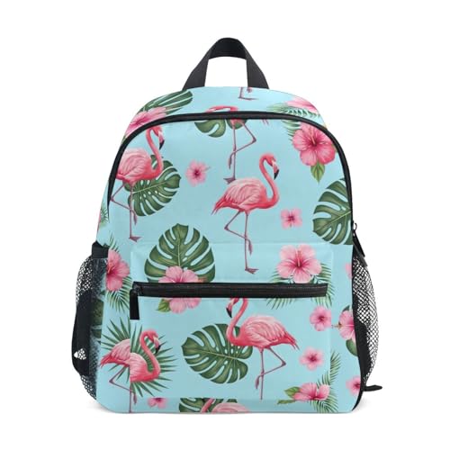 Tropical Pink Flamingos Blue Toddler Boy Backpack with Name Tag, Kids Backpacks, 3-8 Years
