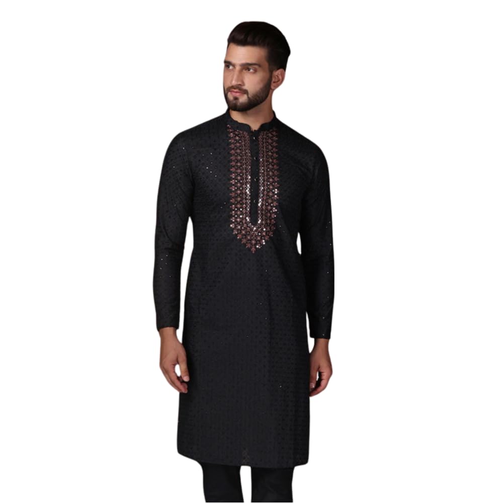 KISAHMen's Kurta, Black Cotton, Embellished Regular Fit Mandarin Collar Long Sleeves