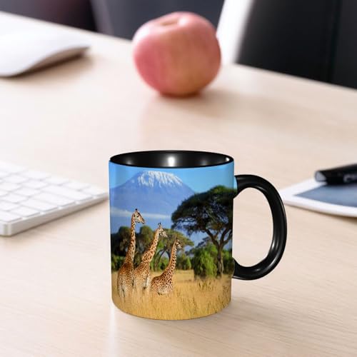 EMCLKS Mug en céramique, 330ml, tasse à thé, tasse cafe, tasse drole, cadeau drole, cadeau homme, mug cafe, Parc national du Kenya, Afrique, faune sauvage, safari nature, girafes en montagne