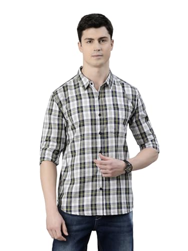Image of JOVEN Men Slim Fit Pure Cotton Brown and Dark Green Casual Checked Shirt