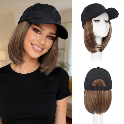 Benehair Hat Wig Extensions Baseball Cap with Synthetic Hair Attached Adjustable Wig Hairpieces for Women Daily Outdoor 6 Inch Short Straight Bob Medium Brown Mix Dark Blonde Hair with Black Cap