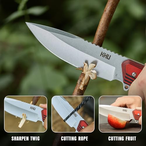 KHU D2 Stali Nóż myśliwski z ostrzem stałym – Nóż survivalowy z pochwą Kydex, Rękojeść G10 Nóż bushcraftowy do outdoorow