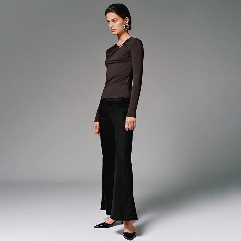 URBAN REVIVO Women's Asymmetrical Neck Knot Front T-Shirts Long Sleeve Shirts Slim Fitted Ruched Trendy Going Out Tops 2026 - Image 6