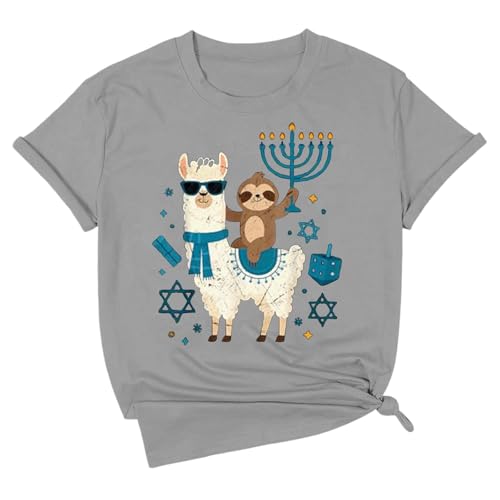 Camiseta de mujer para Hanukkah con divertido diseño de llama – Camiseta de manga corta con perezoso y menorá | Camiseta divertida para el festival de las luces, Style_h04 gris, S