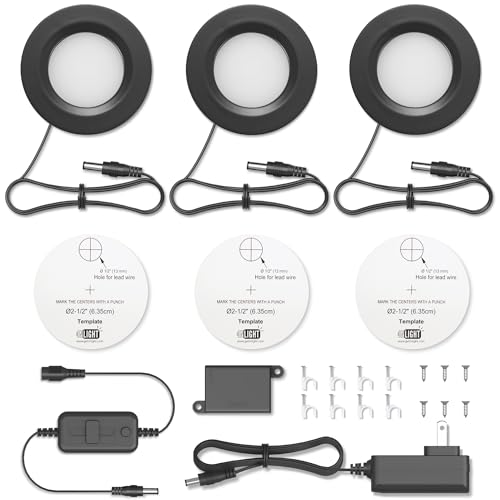 GETINLIGHT 2.75" Under Cabinet LED Puck Lights Kit, Plug-in 12V Set with in-Line Dimmer, 3000K Warm White, Recessed or Surface Mount, ETL Listed, 3-Pack, IN-0102-3-BK by GETINLIGHT - Used condition - Image 8