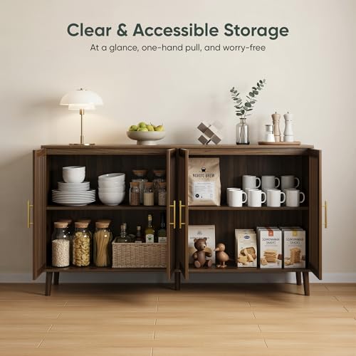 Image of Smart FENDEE 63 inch Long Sideboard Buffet with 4 Slatted Doors, Farmhouse Buffet Storage Cabinet with Adjustable Shelf, Coffee Bar Cabinet for Entryway, Kitchen, Dining Room, Living Room, Walnut Color