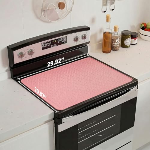 Image of Stove Top Cover for Electric Stove - Food Grade Ceramic Stove top Cover, Silicone XXL Dish Drying Mat, Glass Cooktop Covers, Flat RV Range top Mats (Pink Thickened,30x21)