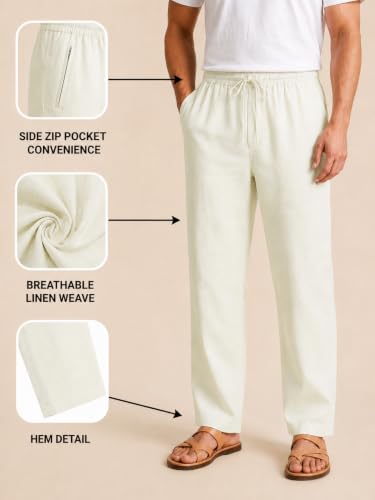 Image of TAGDO Cotton Linen Pants for Man | Lightweight & Breathable Fabric | Elastic with Drawstring | Straight Fit & One Side Zip Pocket | Casual, Holidays, Travel & Everyday Wear (2076)