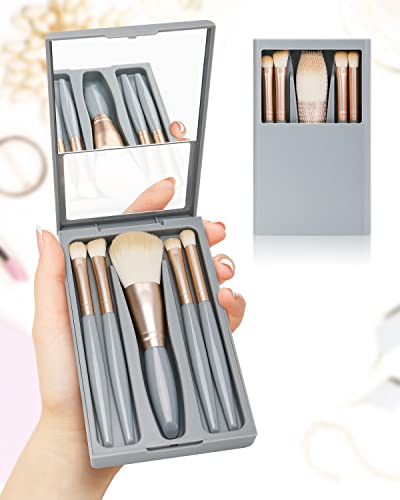 PGRODE Mini Travel Size Makeup Brush Set Cute Portable Brush Kit, Small Complete Function Cosmetic Brushes Set with Case and Mirror,5PC (Blue)