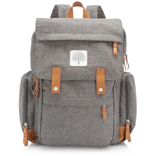 Parker Baby Co. Diaper Backpack - Large Diaper Bag with Insulated Pockets, Stroller Straps and Changing Pad -Birch Bag - Gray