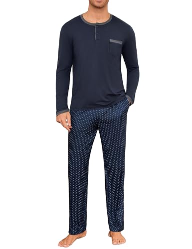 Jahetuul Pijama Hombre Largo Algodon con Bolsillos Conjunto de Pijama Invierno con Pantalón de Lunares Pijamas Hombre con Cordón en la Cintura Suave y Cómodo