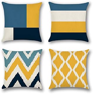 Artscope Throw Pillow Case Cushion Covers 45 x 45 cm Polyester Square Decorative Pillow Covers for Sofa Car Bedroom Indoor Outdoor, Set of 4 (Geometric Pattern Yellow with Navy Blue)