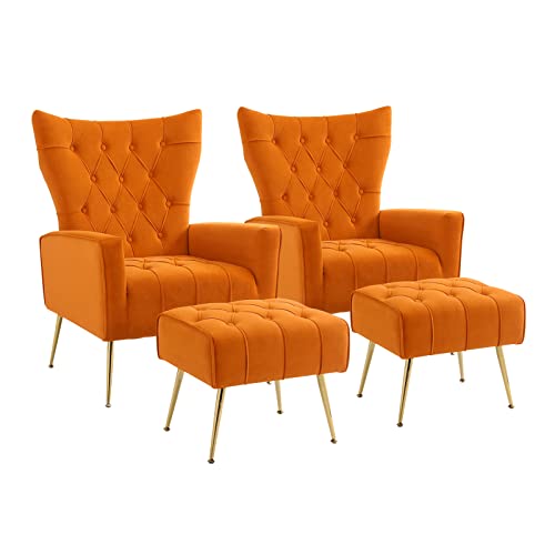 Yoodfo Accent Chair With Ottoman, Upholstered Modern Tufted Wingback Armchair With Footrest, Velvet Armchair With Golden Legs Modern Sofa Lounge Side Chair For Living Room, Bedroom 2 Set #TOP6