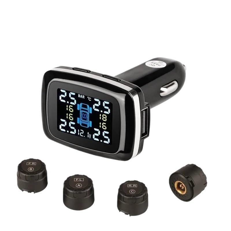 Tpms Sistema di monitoraggio della Pressione dei Pneumatici Digitale for Auto Porta USB Allarme di Sicurezza 4 Sensore Esterno/Interno Impermeabile Pressione Pneumatici(External Sensors)