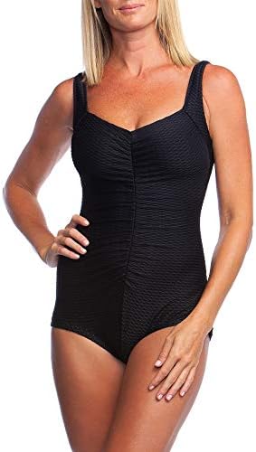 Maxine Of Hollywood Women's Standard Shirred Front Girl Leg One Piece Swimsuit, Black//Textured spa Solid, 14