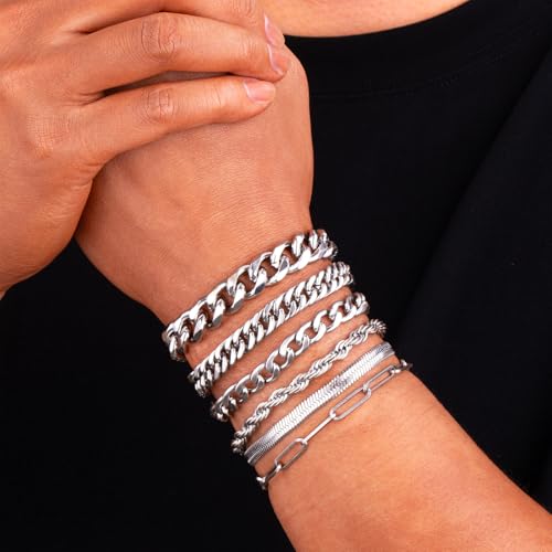 YATOJUZI 6 Pcs Stainless Steel Bracelets for Men Bracelets for Men Cuban Link Bracelet Rope Paperclip Snake Chain Bracelet Set 7.5/8.3/9 Inches Mens Metal Accessories2