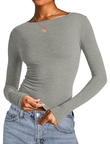 Image of AKEWEI Long Sleeve Crop Tops for Women 2 Pack Fall Going Out Outfits Cute Tight Basic Tees Shirt