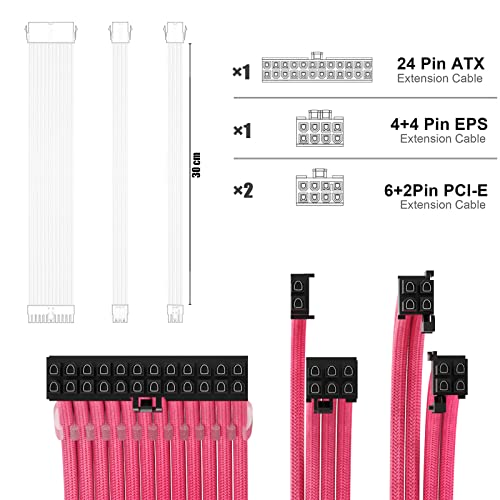 Image of PSU Extension Kit With Two Sets of Combs 1x24Pin /1x8Pin(4+4) EPS /2x8Pin(6P+2P) PCI-E / 30CM Length, PC Sleeved Cable for ATX Power Supply (Pink)