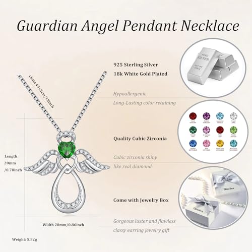 925 Sterling Silver Guardian Angel Pendant Necklace for Women with Birthstone Cubic Zirconia Little Angel Pendant Necklace Jewelry 18 inch Chain3