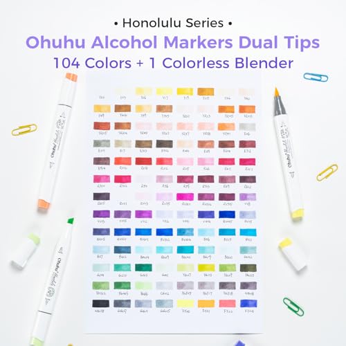 Image of Ohuhu Alcohol Markers Brush Tip- 104-Color Double Tipped Alcohol Based Art Marker Set For Artists Adults Coloring Illustration- Honolulu Of Markers- Dual Tip Brush & Chisel- Refillable, Multicolor