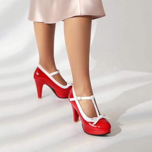 Image of ForeMode Fashion Women T-Strap High Heels Bow Platform Round Toe Pumps Leather Summer Sweet Shoes