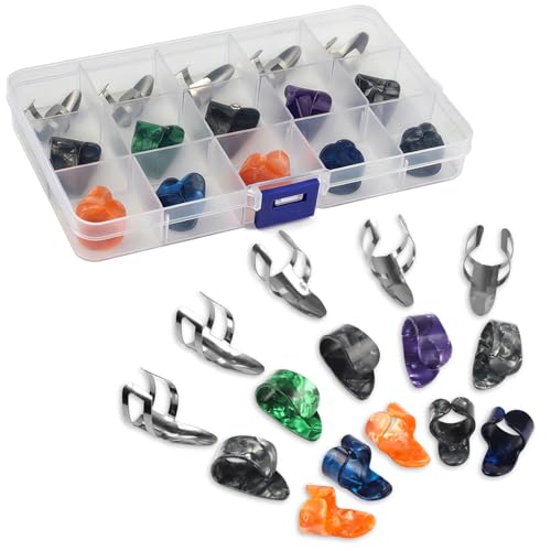 GOGHOST 15pcs Finger Pick Metal Thumb Pick Set Guitar Picks with 15 Grid Case Storage Box