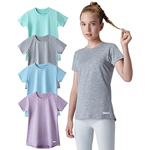 4 Pack: Youth Girls Athletic Shirts, Short Sleeve Dry Fit Apparel Tech Tshirts, Sports Activewear for Kids Teens