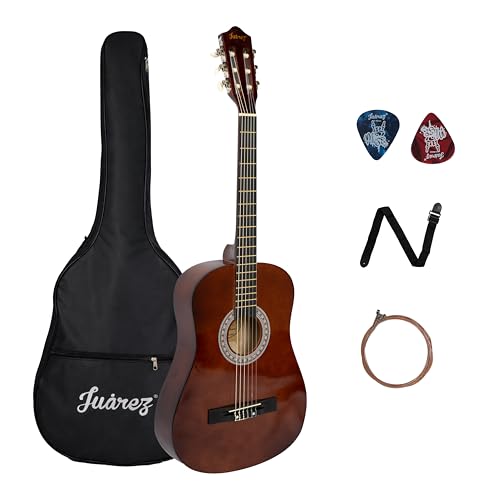 Image of Juarez 38 Inch Classical Guitar with Nylon Strings for Beginners, Finger-Friendly Full Size Guitar Kit with Bag, Picks, Strap & Extra Steel Strings for Upgrade, Brown
