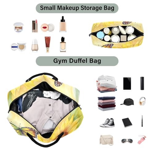Large Travel Duffel Bag, Sunflower Watercolor Butterfly Sport Tote Gym Bag, Shoulder Weekender Overnight Bag for Women Men, Carry On Luggage with Toiletry Bag4