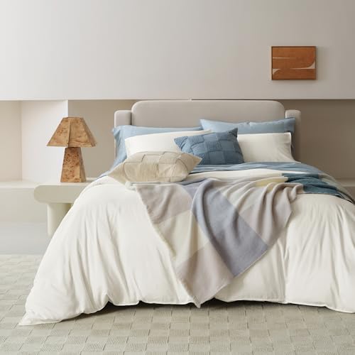 Double Stitch Duvet Cover Cotton Tencel - Luxury Duvet Cover Queen Size, Cooling Comforter Cover Eucalyptus Lyocell, Duvet Cover Set Bedding Set 3 Piece, 1 Duvet Cover, 2 Shams, Cream