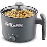 Elite Gourmet NOODLE EXPRESS Electric Hot Pot, Prepare Noodles, Soups, Stews, Cool-touch Handle, Ceralast™ PFAS-Free Ceramic Non-stick, Tempered Glass Lid, 2 Heat Settings-High/Low, Grey