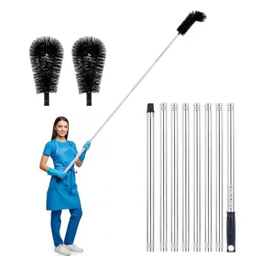 10.5FT Gutter Cleaning Tool, Long Extendable Gutter Cleaning Pole with Brush, No Ladder Needed Roofing Tool for Roof Debris, Leaves, and Branches, 8 Stainless Steel Tubes and 2 Brushes