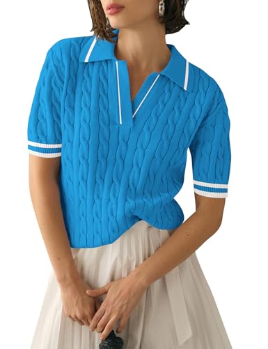 Image of Micoson Womens Short Sleeve Sweater Tops Lapel V Neck Polo Shirts 2026 Summer Cable Knit Loose Blouse Business Casual Outfits